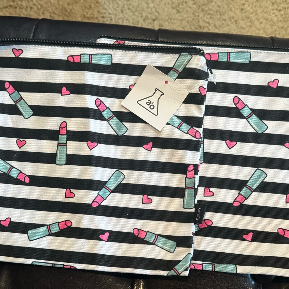 Striped Makeup Bag with Lipstick and Heart Design
